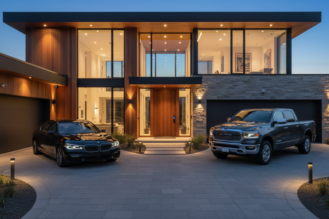 Luxury home with BMW and truck
